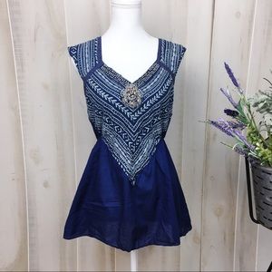 Free People Navy Blue Printed V-Neck Sleeveless Blouse